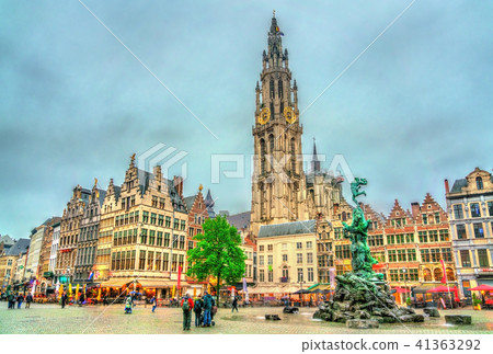 The Cathedral of Our Lady and the Silvius Brabo Fountain on the Grote Markt Square in Antwerp The Cathedral of Our Lady and the Silvius Brabo Fountain on the Grote Markt Square in Antwerp 41363292