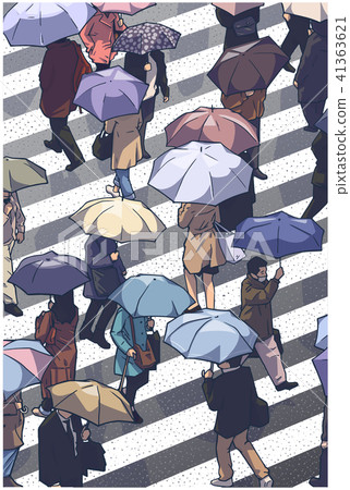 City crowd in bad weather crossing zebra umbrella 41363621