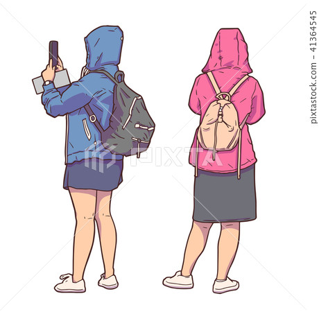 Illustration of tourist girls sightseeing in rain 41364545