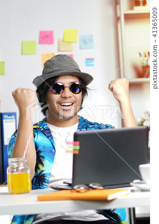 Excited Stylish Young Man Feels Satisfied Success 41365009