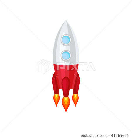 Rocket with engine fire. Space ship with two round windows. Big gray-red flying spacecraft. Flat Rocket with engine fire. Space ship with two round windows. Big gray-red flying spacecraft. Flat 41365665