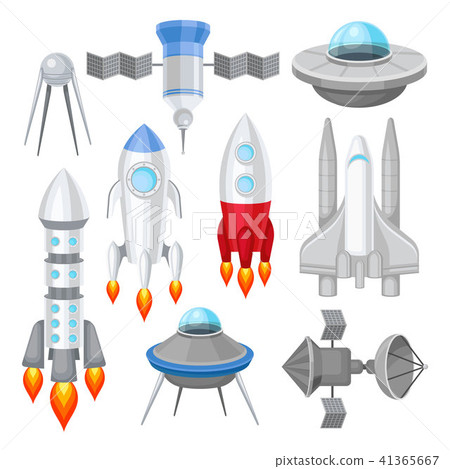 Flat vector set of various spacecrafts. Rockets with engine fire, large space shuttle, alien flying Flat vector set of various spacecrafts. Rockets with engine fire, large space shuttle, alien flying 41365667