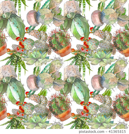 Seamless pattern with cactus, succulents and floral elements. Vintage watercolor botanical Seamless pattern with cactus, succulents and floral elements. Vintage watercolor botanical 41365815