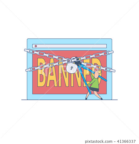 Banned website concept with flat cartoon female person trying to break chains around blocked web 41366337