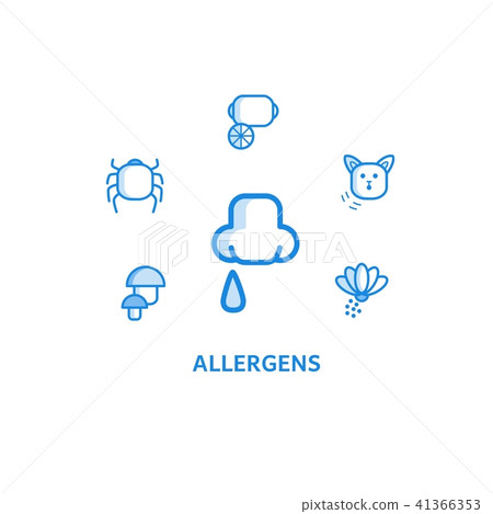 Allergy outline icons set with runny nose and various allergens around it isolated on white Allergy outline icons set with runny nose and various allergens around it isolated on white 41366353