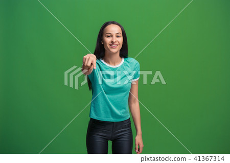 The happy business woman point you and want you, half length closeup portrait on green background. The happy business woman point you and want you, half length closeup portrait on green background. 41367314