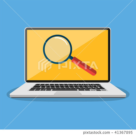 Laptop with magnifying glass on screen. Laptop with magnifying glass on screen. 41367895