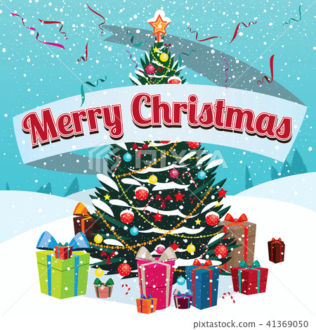 Merry Christmas spruce and gifts outside house 41369050