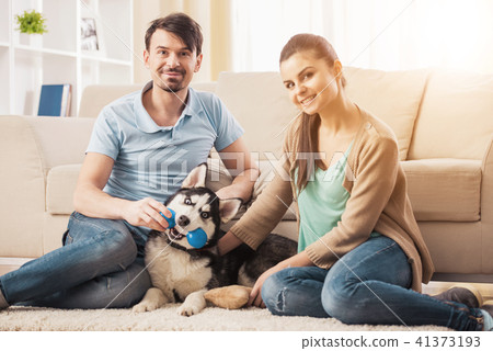 Young couple at home playing with cute husky puppy Young couple at home playing with cute husky puppy 41373193