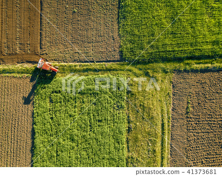 Aerial view from the drone, a bird's eye view of agricultural fields with a road through and a Aerial view from the drone, a bird's eye view of agricultural fields with a road through and a 41373681