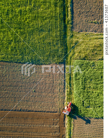 Aerial view from the drone, a bird's eye view of agricultural fields with a road through and a Aerial view from the drone, a bird's eye view of agricultural fields with a road through and a 41373687
