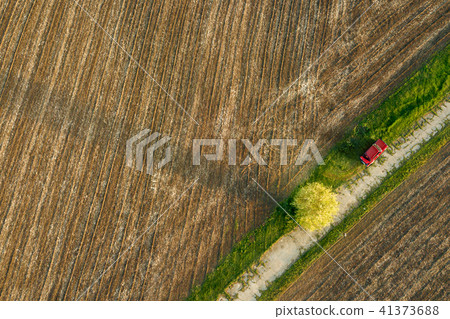 Aerial view from the drone, a bird's eye view of agricultural fields with a road through and red car Aerial view from the drone, a bird's eye view of agricultural fields with a road through and red car 41373688