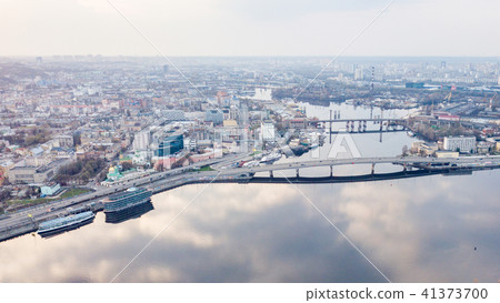 The panoramic bird's eye view shooting from drone of the Podol district, the right bank of the The panoramic bird's eye view shooting from drone of the Podol district, the right bank of the 41373700