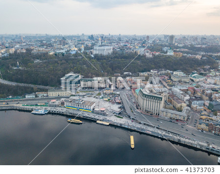 The panoramic bird's eye view shooting from drone of the Podol district, the right bank of the 41373703