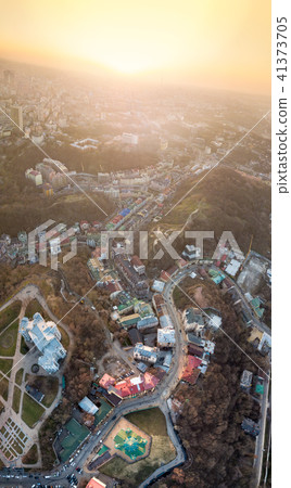 A bird's eye view, aerial view shooting from drone of the Podol district, oldest historical center A bird's eye view, aerial view shooting from drone of the Podol district, oldest historical center 41373705