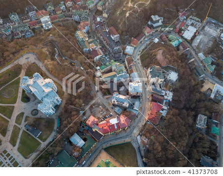 A bird's eye view, aerial view shooting from drone of the Podol district, oldest historical center A bird's eye view, aerial view shooting from drone of the Podol district, oldest historical center 41373708