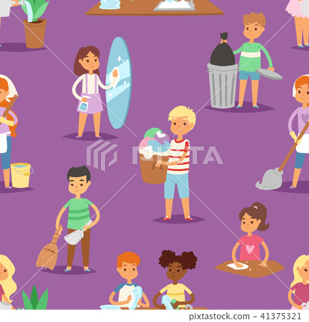 Kids vector cleaning rooms and helping their mums housework cartoon characters clean up illustration 41375321