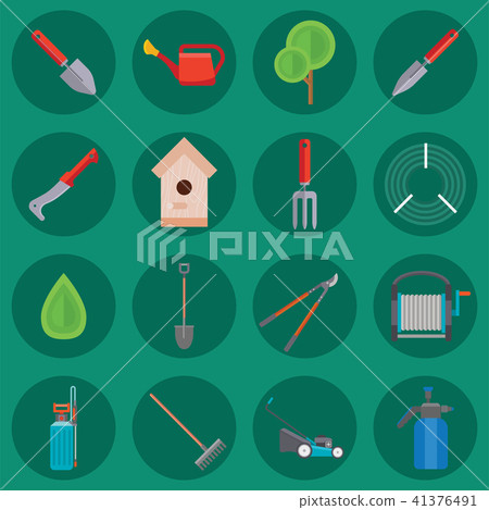 Garden equipment flat set vector gardener character with rake illustration agriculture farming tools Garden equipment flat set vector gardener character with rake illustration agriculture farming tools 41376491