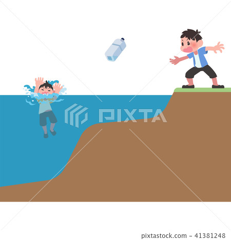 A man who throws a plastic bottle to a drowning child A man who throws a plastic bottle to a drowning child 41381248