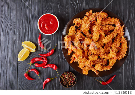 fried shrimps on a plate, flat lay 41386018