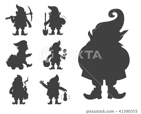Fairy tale fantastic gnome dwarf elf character black silhouette poses magical leprechaun cute fairy Fairy tale fantastic gnome dwarf elf character black silhouette poses magical leprechaun cute fairy 41390355