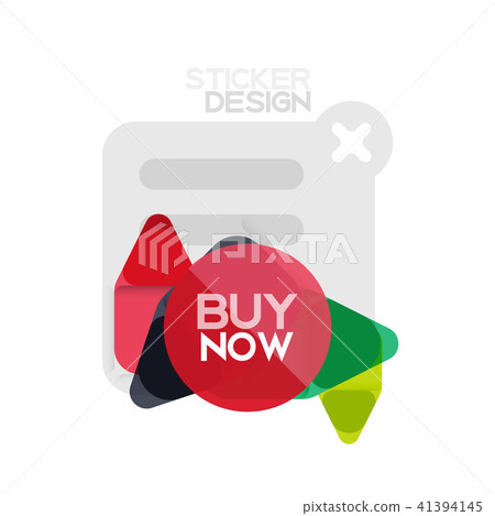 Flat design triangle arrow shape geometric sticker icon, paper style design with buy now sample text Flat design triangle arrow shape geometric sticker icon, paper style design with buy now sample text 41394145