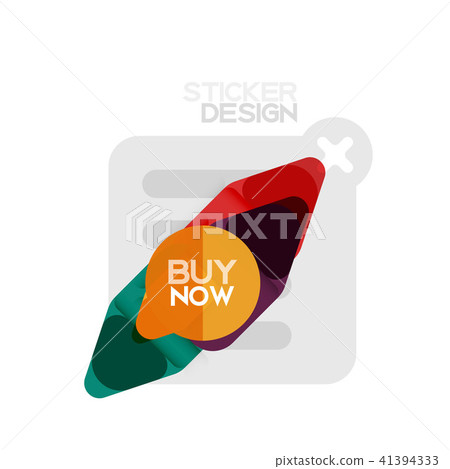 Flat design triangle arrow shape geometric sticker icon, paper style design with buy now sample text 41394333