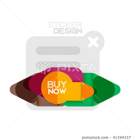 Flat design triangle arrow shape geometric sticker icon, paper style design with buy now sample text 41394337