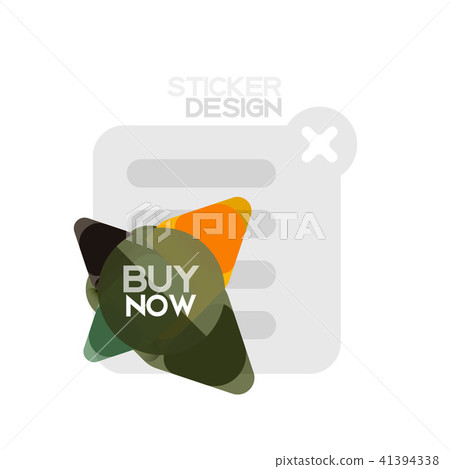 Flat design triangle arrow shape geometric sticker icon, paper style design with buy now sample text 41394338