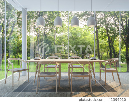 Modern dining room in the glass house 3d render Modern dining room in the glass house 3d render 41394910