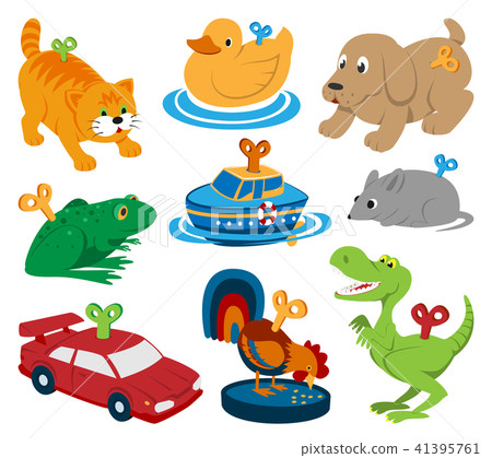 Kids vector toys clockwork key mechanism mechanic cartoon animals in toyshop for child clock work Kids vector toys clockwork key mechanism mechanic cartoon animals in toyshop for child clock work 41395761