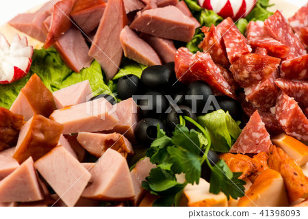 plate Board with meat and cheese. The Banquet in the Italian style. 41398093