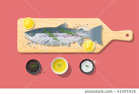 Fresh raw salmon fish and spices on cutting board 41405428