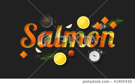 Word salmon design with raw salmon and spices 41405430