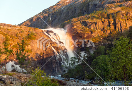 Photo of Rapid Stunning Waterfall in Husedalen Valley, Norway. Aerial view. Summer time. Photo of Rapid Stunning Waterfall in Husedalen Valley, Norway. Aerial view. Summer time. 41406598