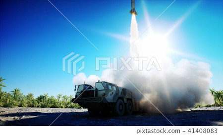 Nuclear ballistic rocket, complex. Launch rocket, dust. 3d rendering. 41408083