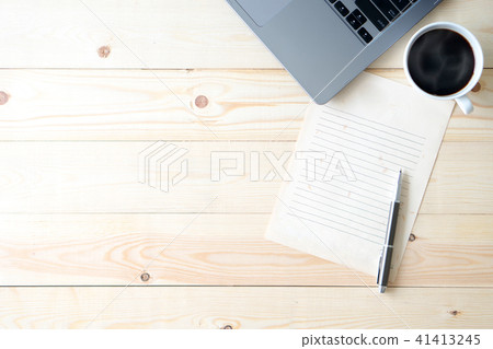 Top view wooden office desk with computer and supp Top view wooden office desk with computer and supp 41413245