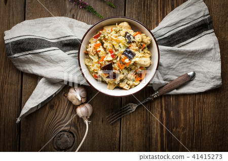Risotto with chicken and vegetables. Risotto with chicken and vegetables. 41415273