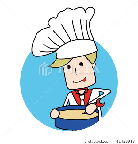 blonde chef in a tie stirring a soup with a wrench in blue circle 41426918