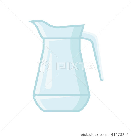 Transparent glass jug for water or juice. Vessel with one handle. Flat vector element for banner or 41428235