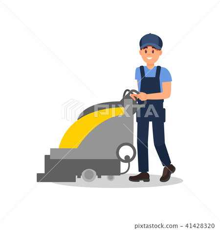 Smiling guy working with vacuum scrubber. Man in blue overall, cap and t-shirt. Flat vector for Smiling guy working with vacuum scrubber. Man in blue overall, cap and t-shirt. Flat vector for 41428320