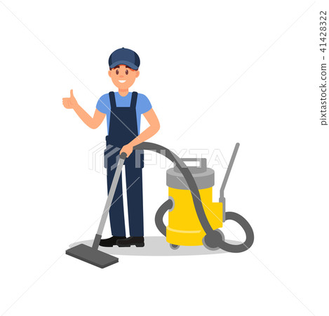 Smiling man with vacuum cleaner showing thumb up. Guy in working overall and cap. Flat vector for Smiling man with vacuum cleaner showing thumb up. Guy in working overall and cap. Flat vector for 41428322