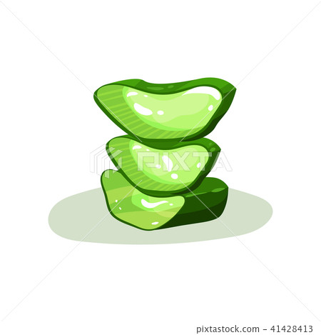 Three green pieces of aloe vera. Natural ingredient for cosmetic products. Botanical theme. Flat Three green pieces of aloe vera. Natural ingredient for cosmetic products. Botanical theme. Flat 41428413