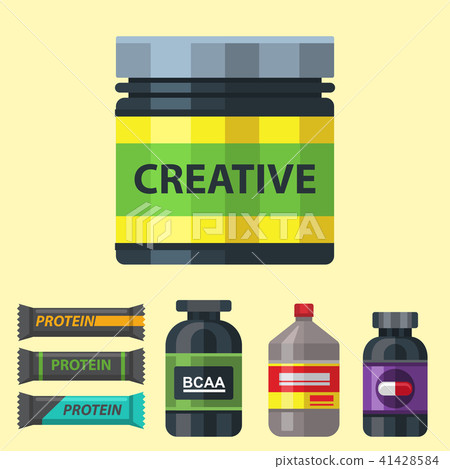 Bodybuilders gym athlete sport food diet symbols fitness nutrition protein powder drink vector Bodybuilders gym athlete sport food diet symbols fitness nutrition protein powder drink vector 41428584