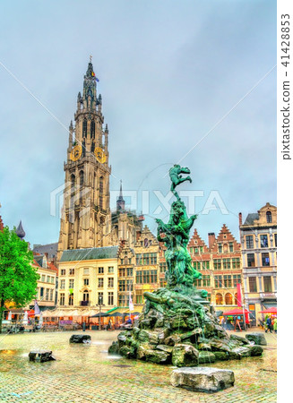 The Cathedral of Our Lady and the Silvius Brabo Fountain on the Grote Markt Square in Antwerp The Cathedral of Our Lady and the Silvius Brabo Fountain on the Grote Markt Square in Antwerp 41428853