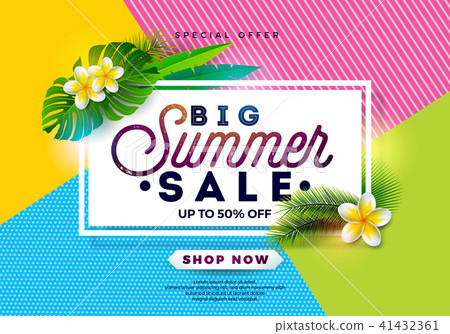 Summer Sale Design with Flower and Exotic Leaves on Abstract Color Background. Tropical Floral 41432361