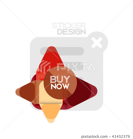 Flat design triangle arrow shape geometric sticker icon, paper style design with buy now sample text 41432379
