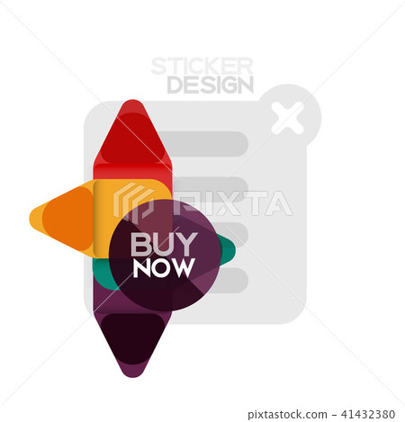 Flat design triangle arrow shape geometric sticker icon, paper style design with buy now sample text 41432380