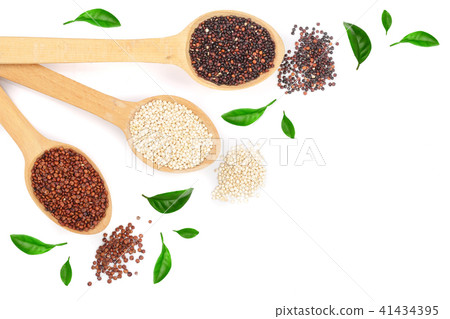 Black red white quinoa seeds in wooden spoon with leaves isolated on white background with copy 41434395