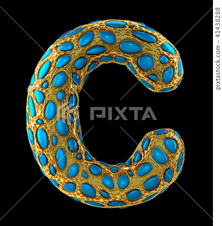Golden shining metallic 3D with blue glass symbol capital letter C - uppercase isolated on black. Golden shining metallic 3D with blue glass symbol capital letter C - uppercase isolated on black. 41438288